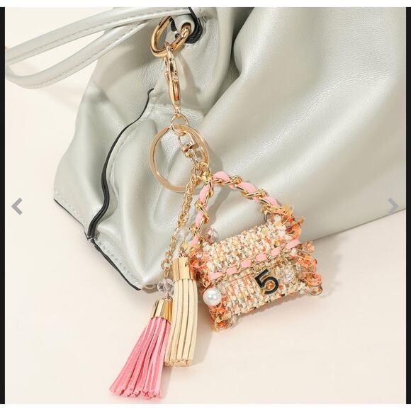 Pink Pearl Tweed Handbag Tassel Bag Charm /  Keychain - Picture 1 of 3